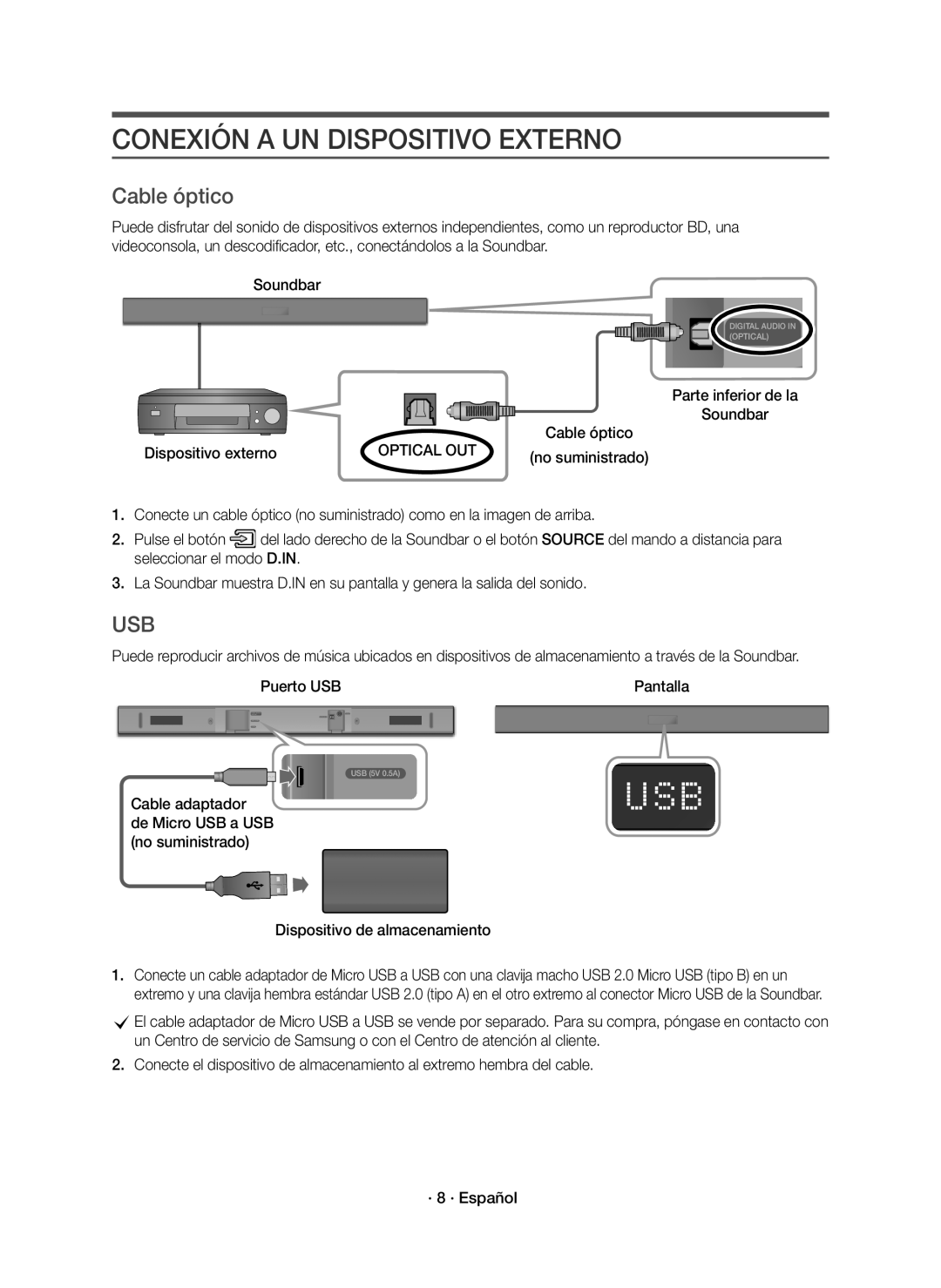 Samsung HW-K335/ZG Conexión a UN Dispositivo Externo, Cable óptico, Parte inferior de la Soundbar Dispositivo externo 