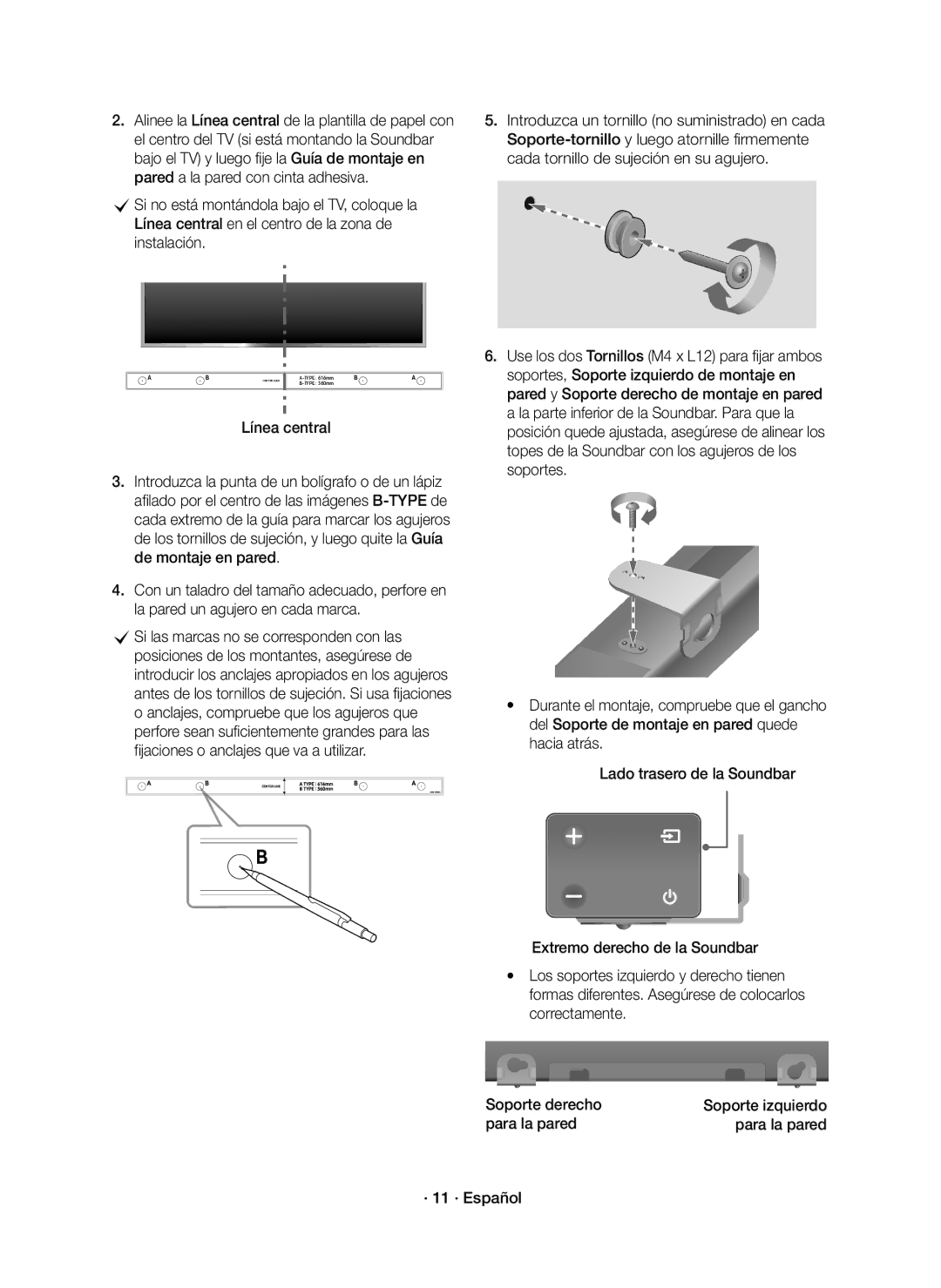 Samsung HW-K335/ZF, HW-K335/ZG manual Línea central, Para la pared · 11 · Español 