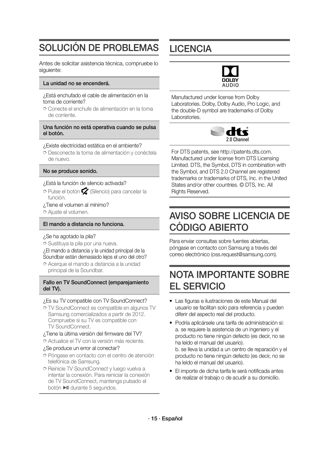 Samsung HW-K335/ZF, HW-K335/ZG manual Aviso Sobre Licencia DE Código Abierto, Nota Importante Sobre EL Servicio 