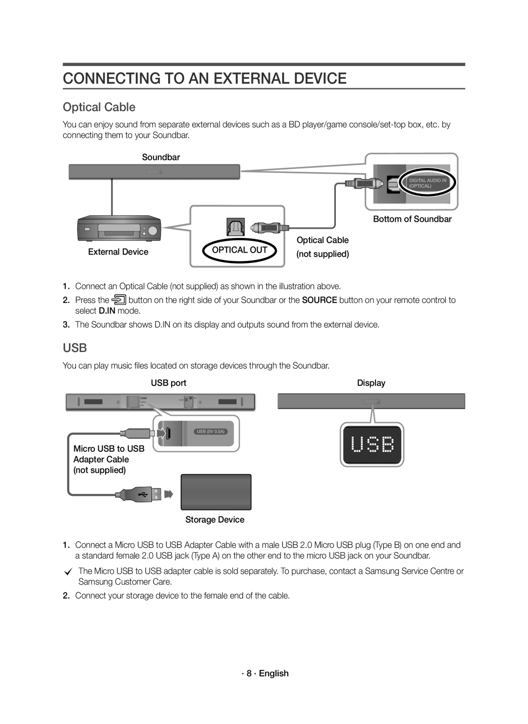 Samsung HW-K335/ZG, HW-K335/ZF manual Connecting to AN External Device, Optical Cable, Bottom of Soundbar External Device 