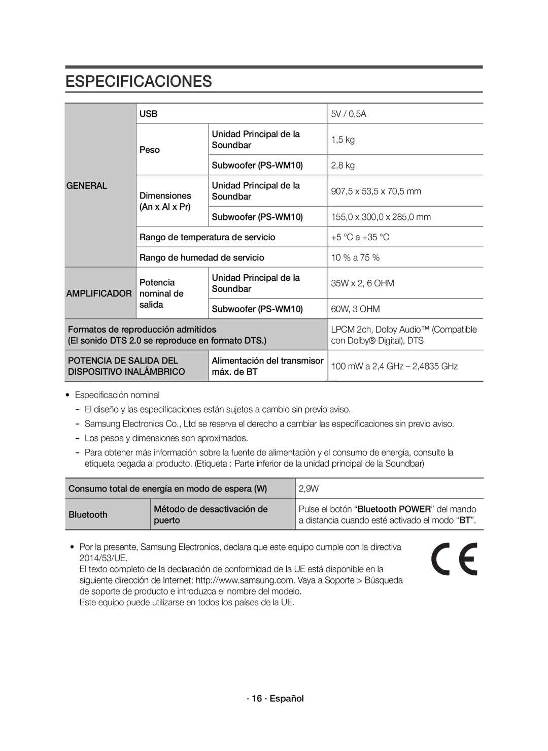 Samsung HW-K335/ZG, HW-K335/ZF manual Especificaciones, Potencia DE Salida DEL, Dispositivo Inalámbrico 