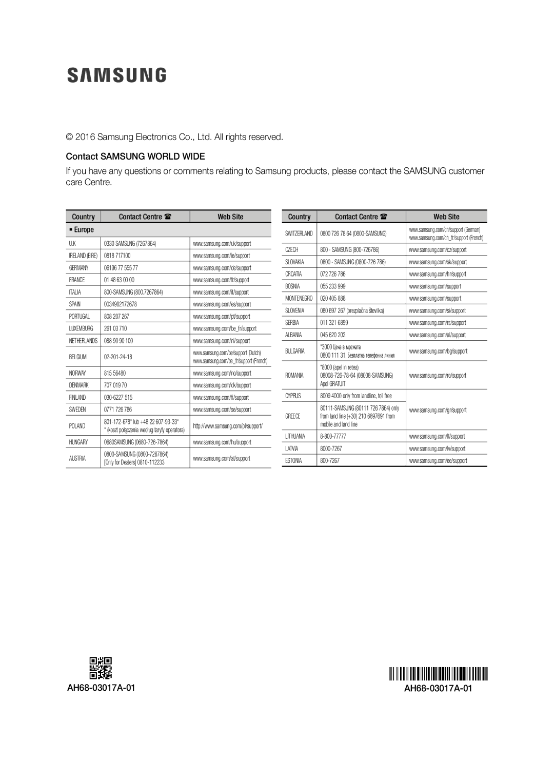 Samsung HW-K335/ZG, HW-K335/ZF manual AH68-03017A-01, Contact Centre  Web Site ` Europe 