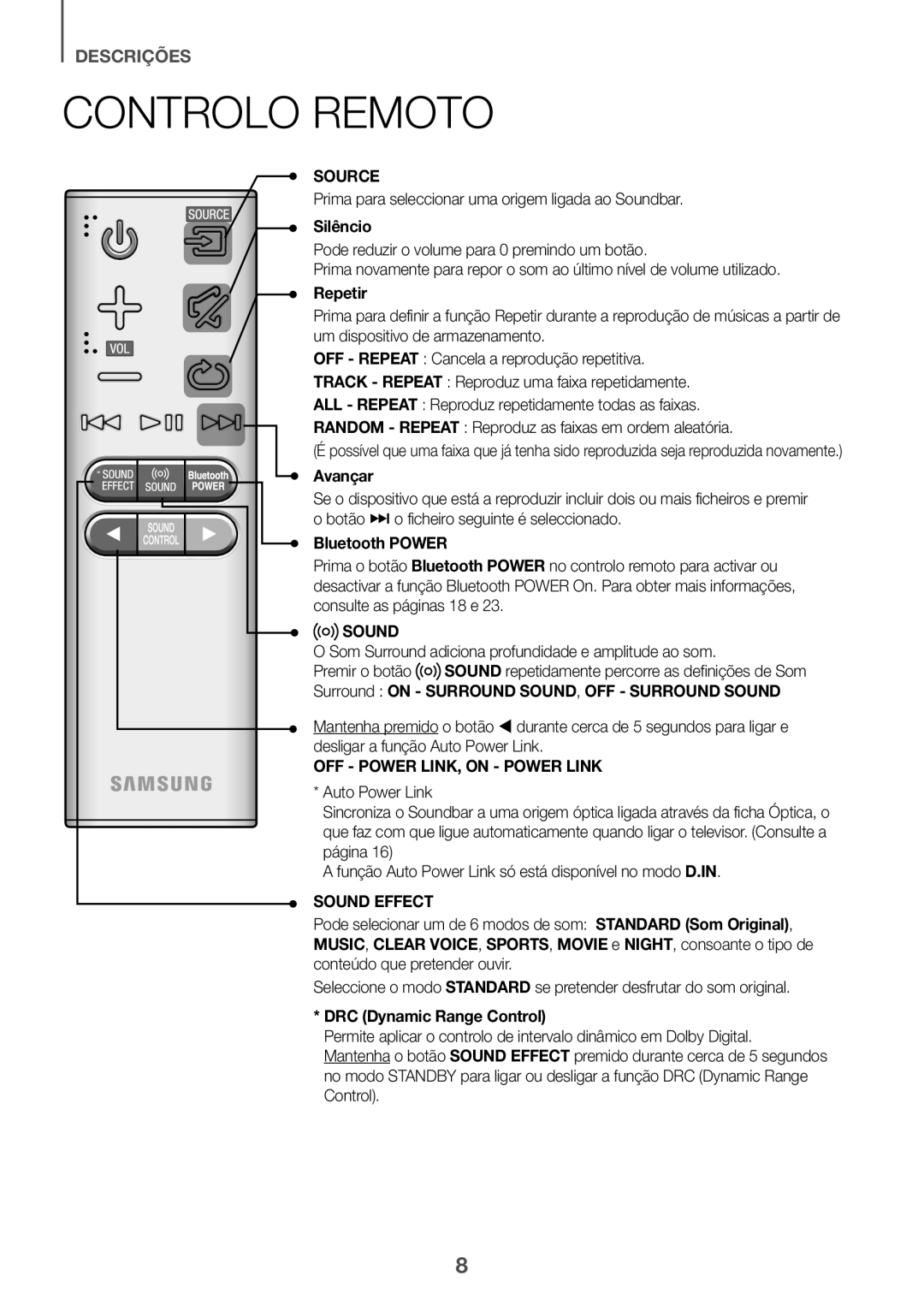 Samsung HW-K335/ZF, HW-K335/ZG Controlo Remoto, Silêncio, Repetir, Avançar, Surround on Surround SOUND, OFF Surround Sound 