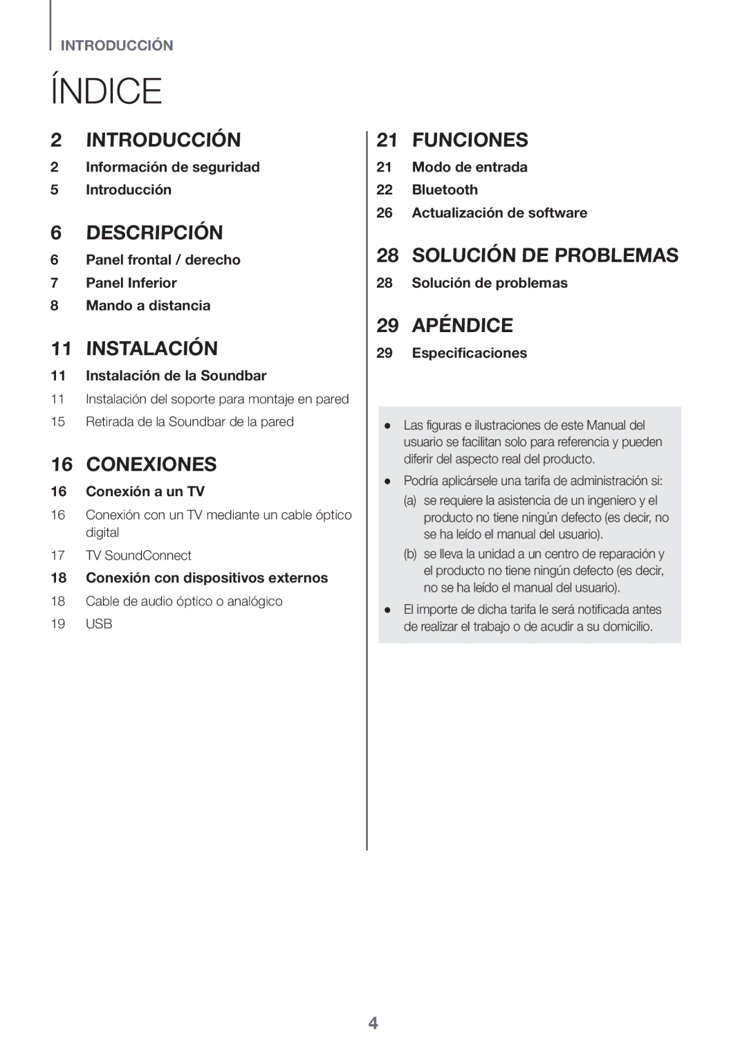 Samsung HW-K335/ZG Índice, Cable de audio óptico o analógico 19 USB, Podría aplicársele una tarifa de administración si 