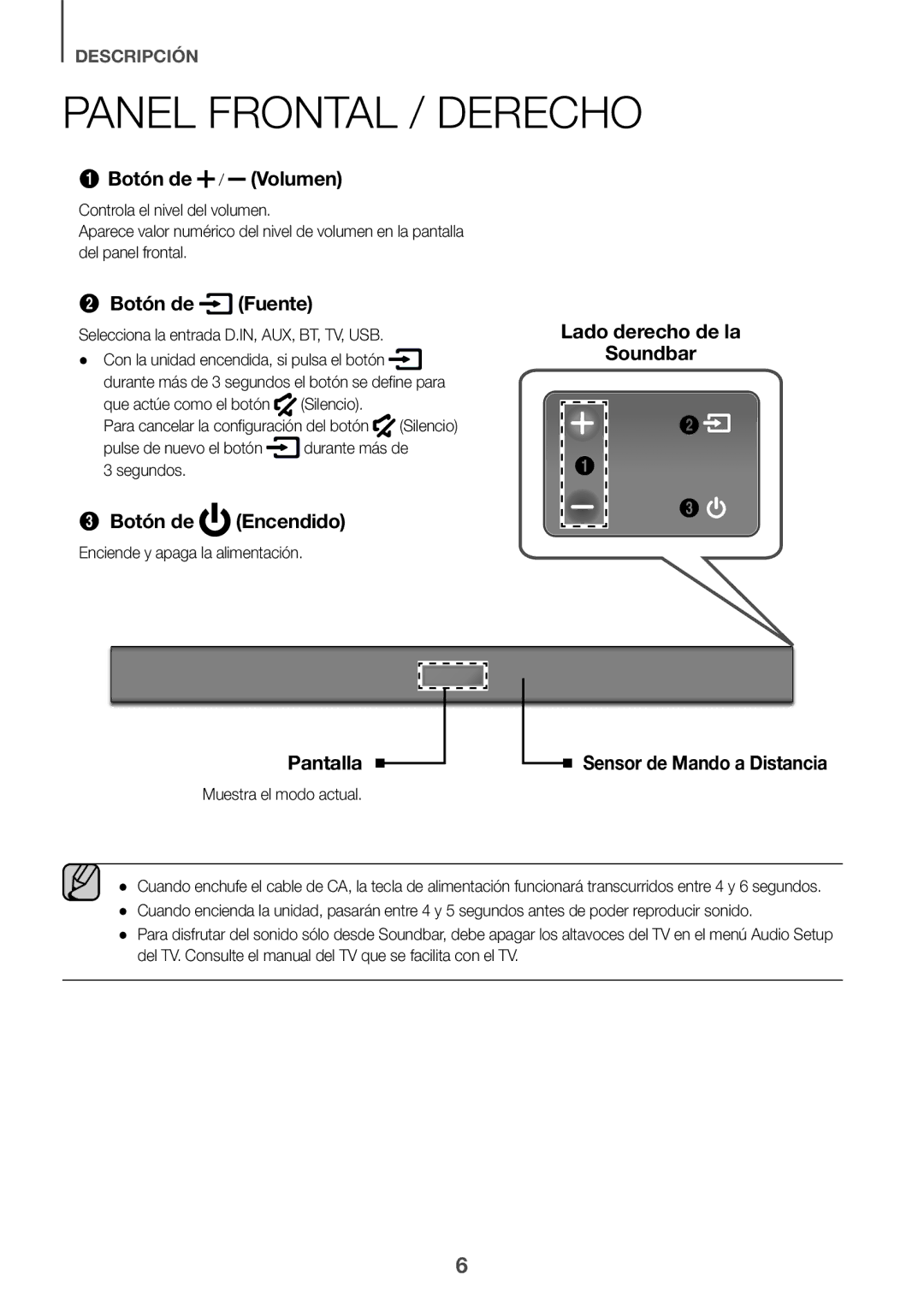 Samsung HW-K335/ZG Panel Frontal / Derecho, Selecciona la entrada D.IN, AUX, BT, TV, USB, Enciende y apaga la alimentación 