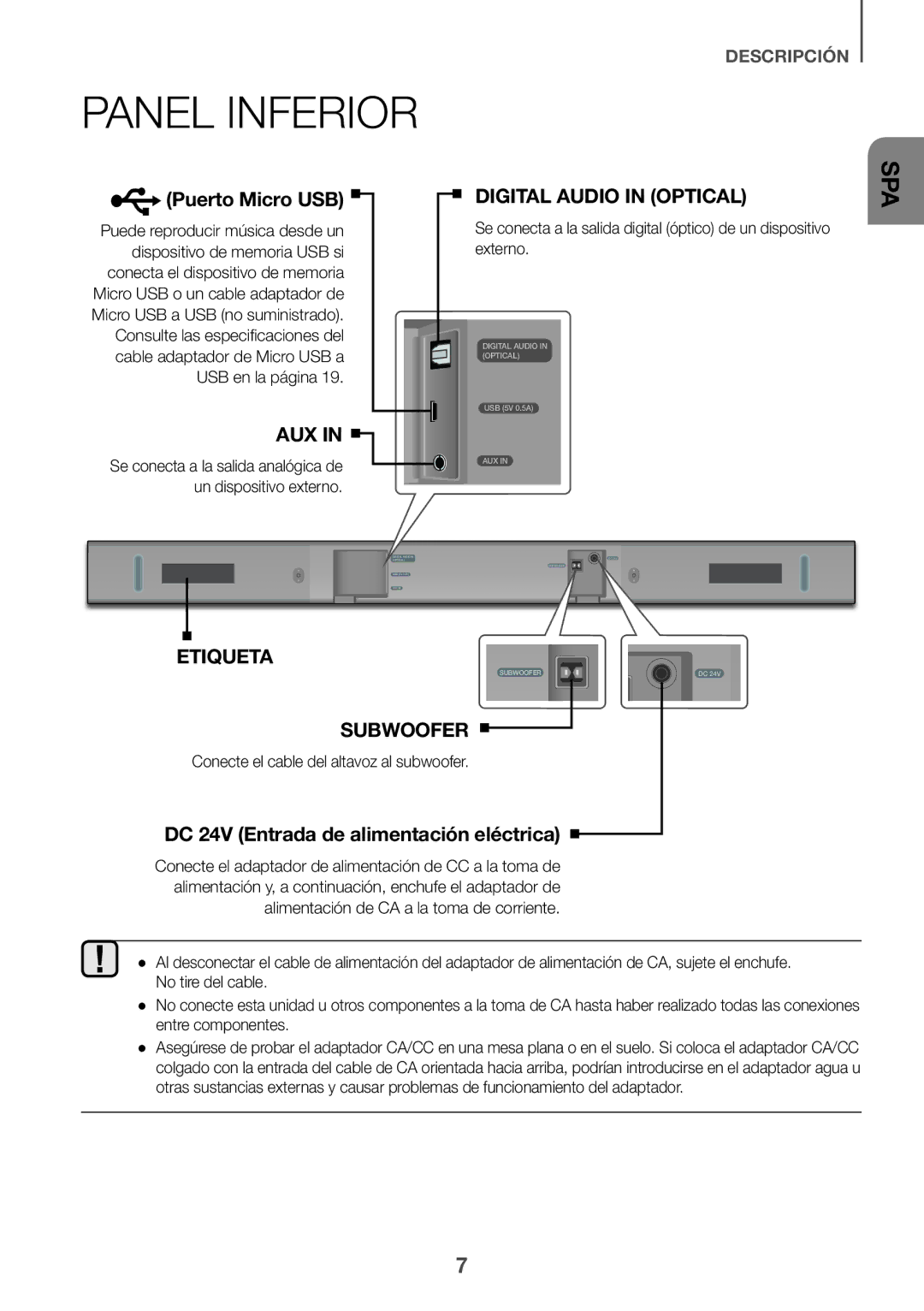 Samsung HW-K335/ZF, HW-K335/ZG manual Panel Inferior, Conecte el cable del altavoz al subwoofer 