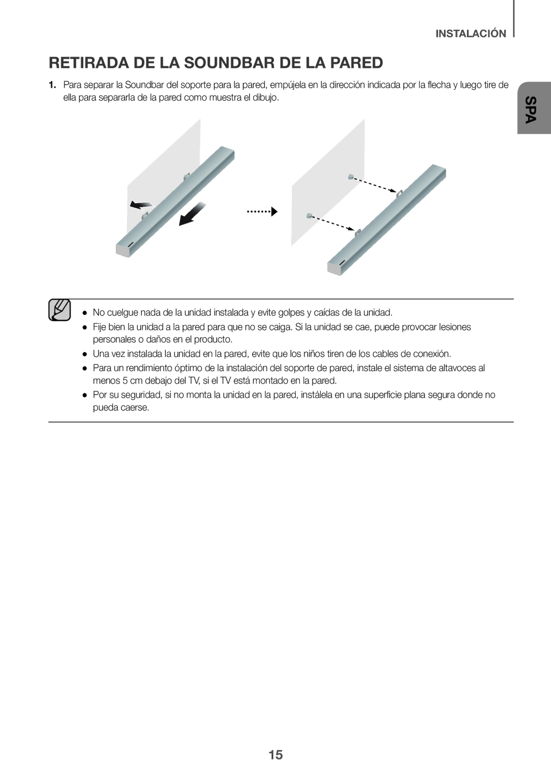 Samsung HW-K335/ZF, HW-K335/ZG manual Retirada DE LA Soundbar DE LA Pared 