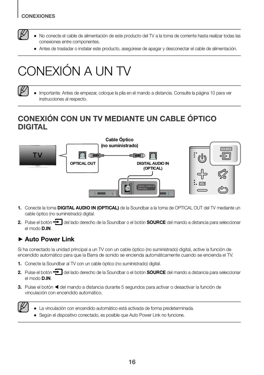 Samsung HW-K335/ZG Conexión a UN TV, Conexión CON UN TV Mediante UN Cable Óptico Digital, Cable Óptico No suministrado 