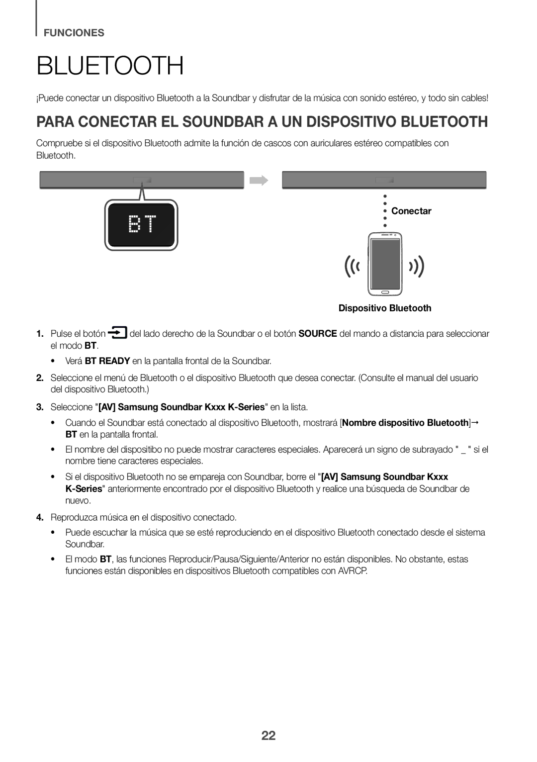 Samsung HW-K335/ZG Para Conectar EL Soundbar a UN Dispositivo Bluetooth, Conectar Dispositivo Bluetooth Pulse el botón 