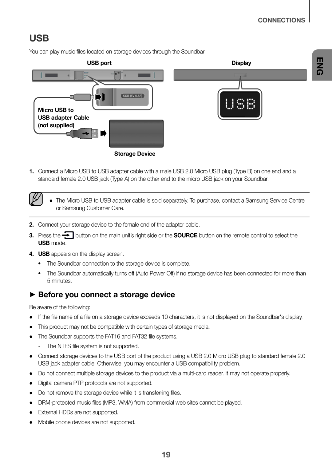 Samsung HW-K335/ZF, HW-K335/ZG manual Usb, ++Before you connect a storage device, USB port, Micro USB to, Storage Device 