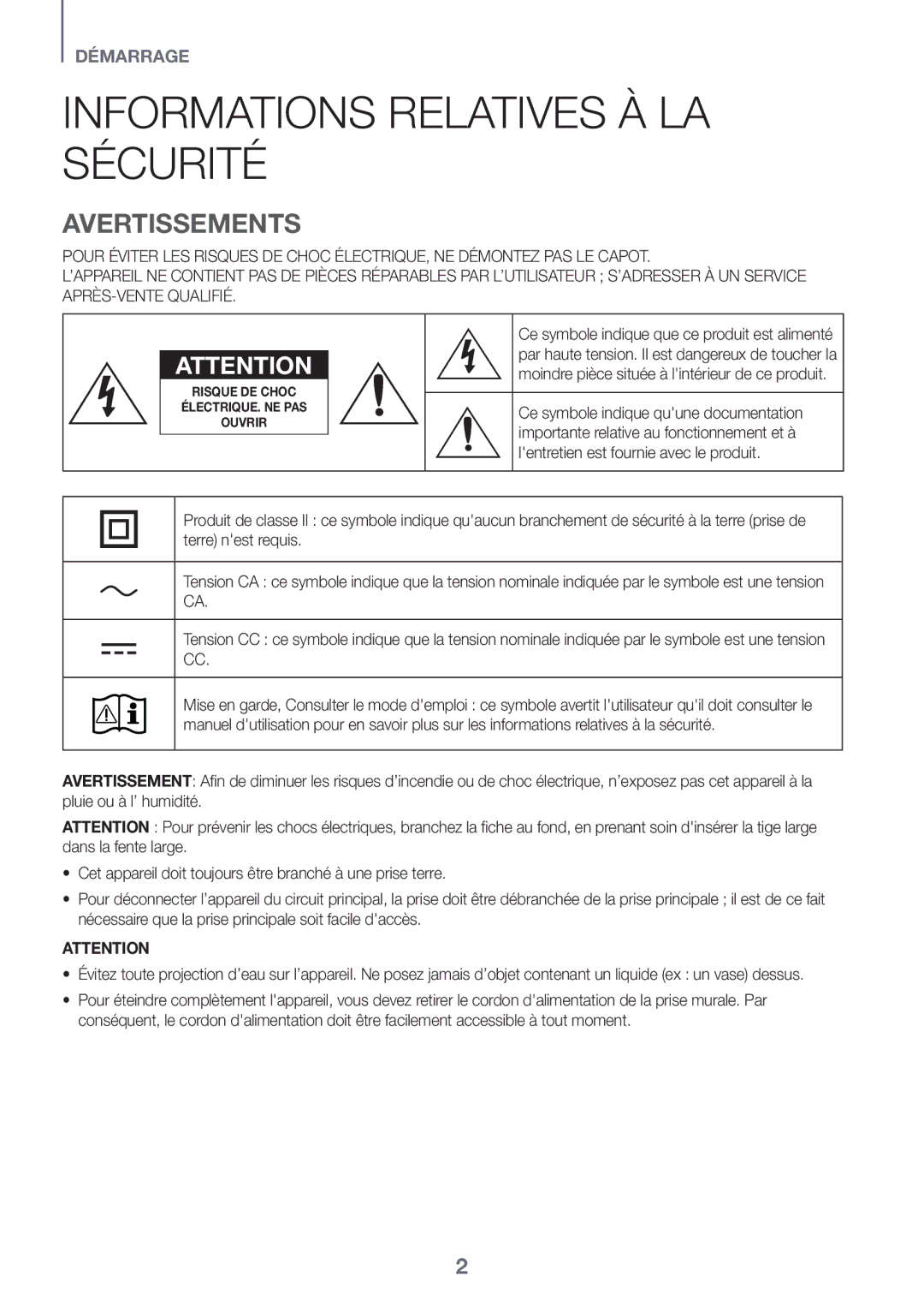 Samsung HW-K335/ZF, HW-K335/ZG manual Informations Relatives À LA Sécurité, Avertissements 