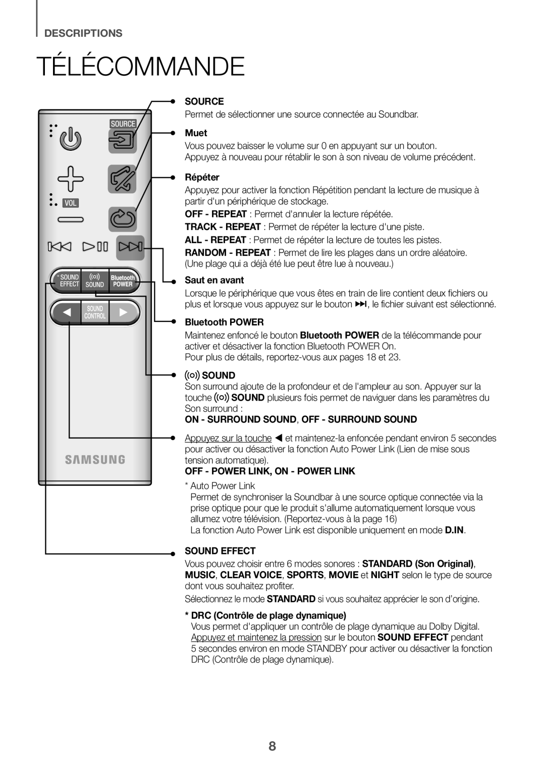 Samsung HW-K335/ZF, HW-K335/ZG manual Télécommande, Muet, Répéter, Saut en avant, DRC Contrôle de plage dynamique 