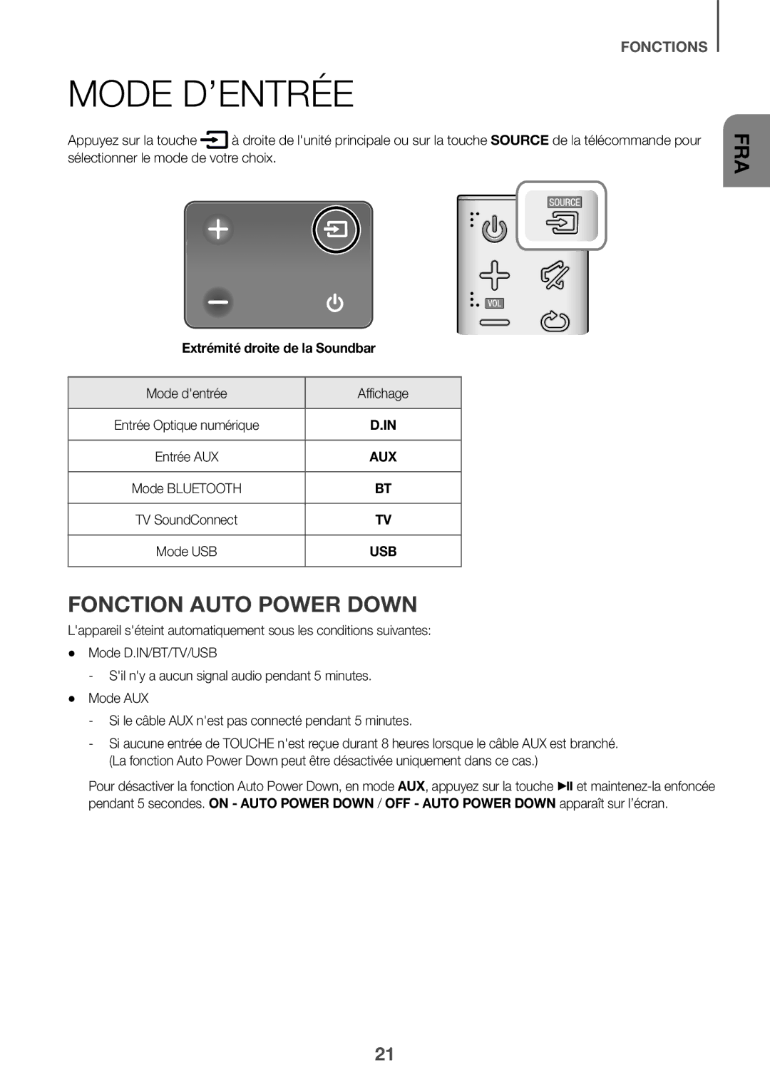 Samsung HW-K335/ZG manual Mode D’ENTRÉE, Fonction Auto Power Down, Extrémité droite de la Soundbar Mode dentrée Affichage 