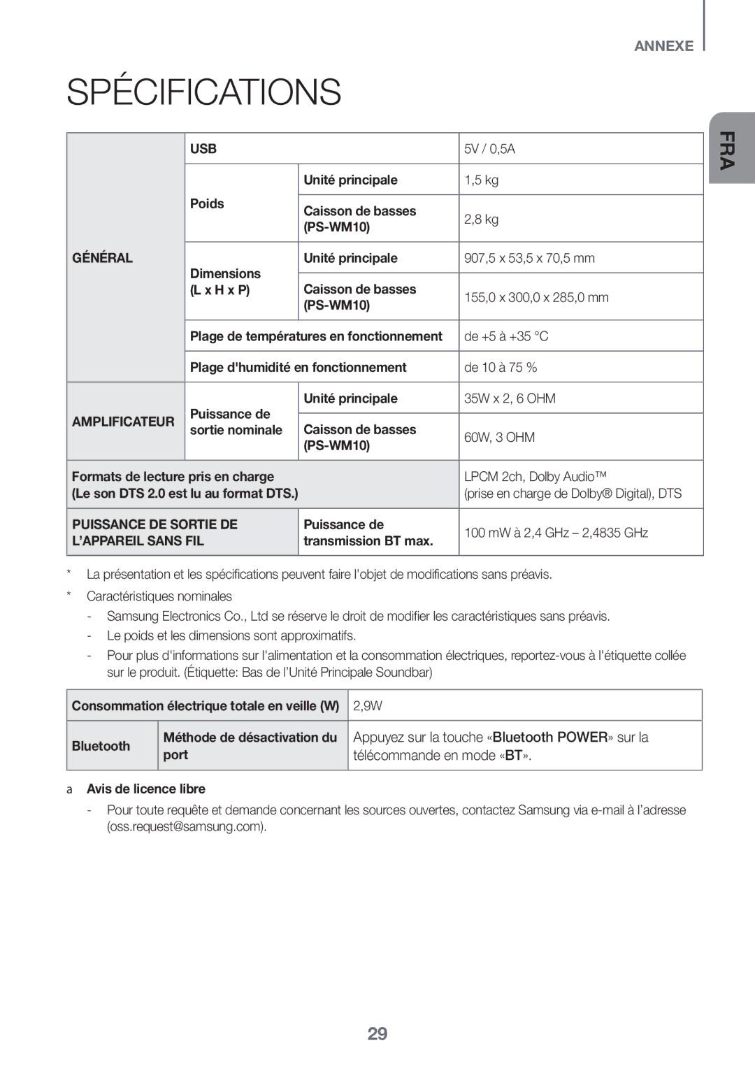 Samsung HW-K335/ZG, HW-K335/ZF manual Spécifications 