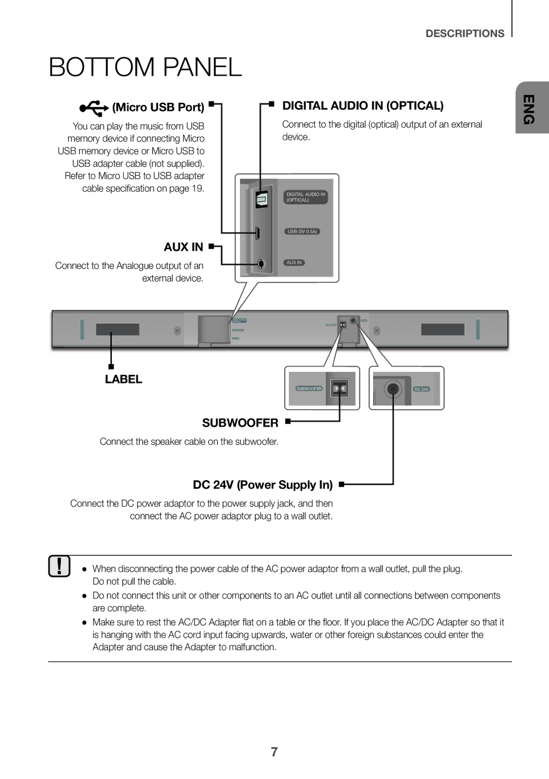 Samsung HW-K335/ZF, HW-K335/ZG manual Bottom Panel, Connect to the digital optical output of an external device 