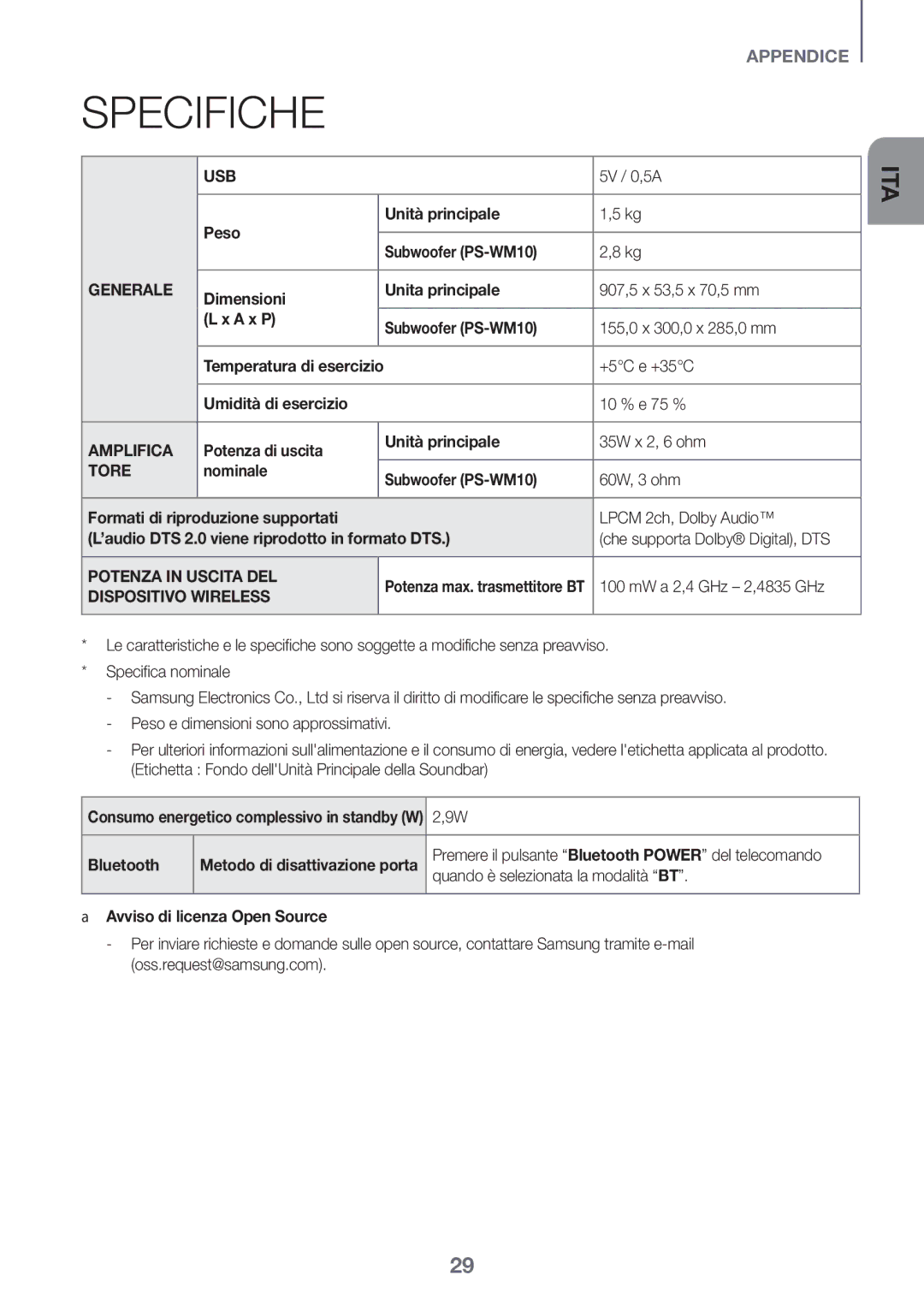 Samsung HW-K335/ZF, HW-K335/ZG manual Specifiche 