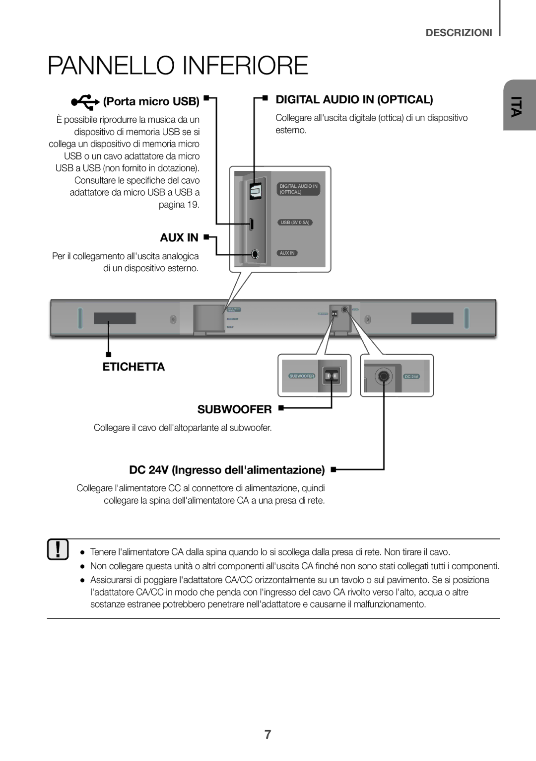 Samsung HW-K335/ZG manual Pannello Inferiore, Collegare il cavo dellaltoparlante al subwoofer 