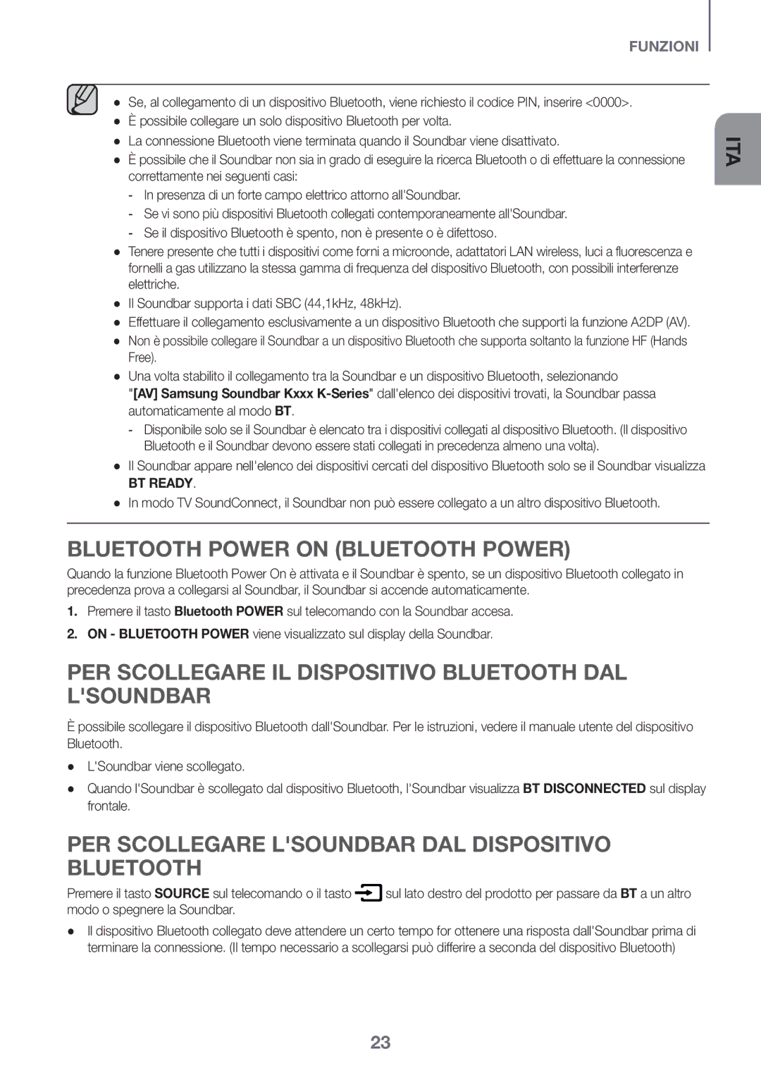 Samsung HW-K335/ZG manual PER Scollegare IL Dispositivo Bluetooth DAL Lsoundbar, Modo o spegnere la Soundbar 