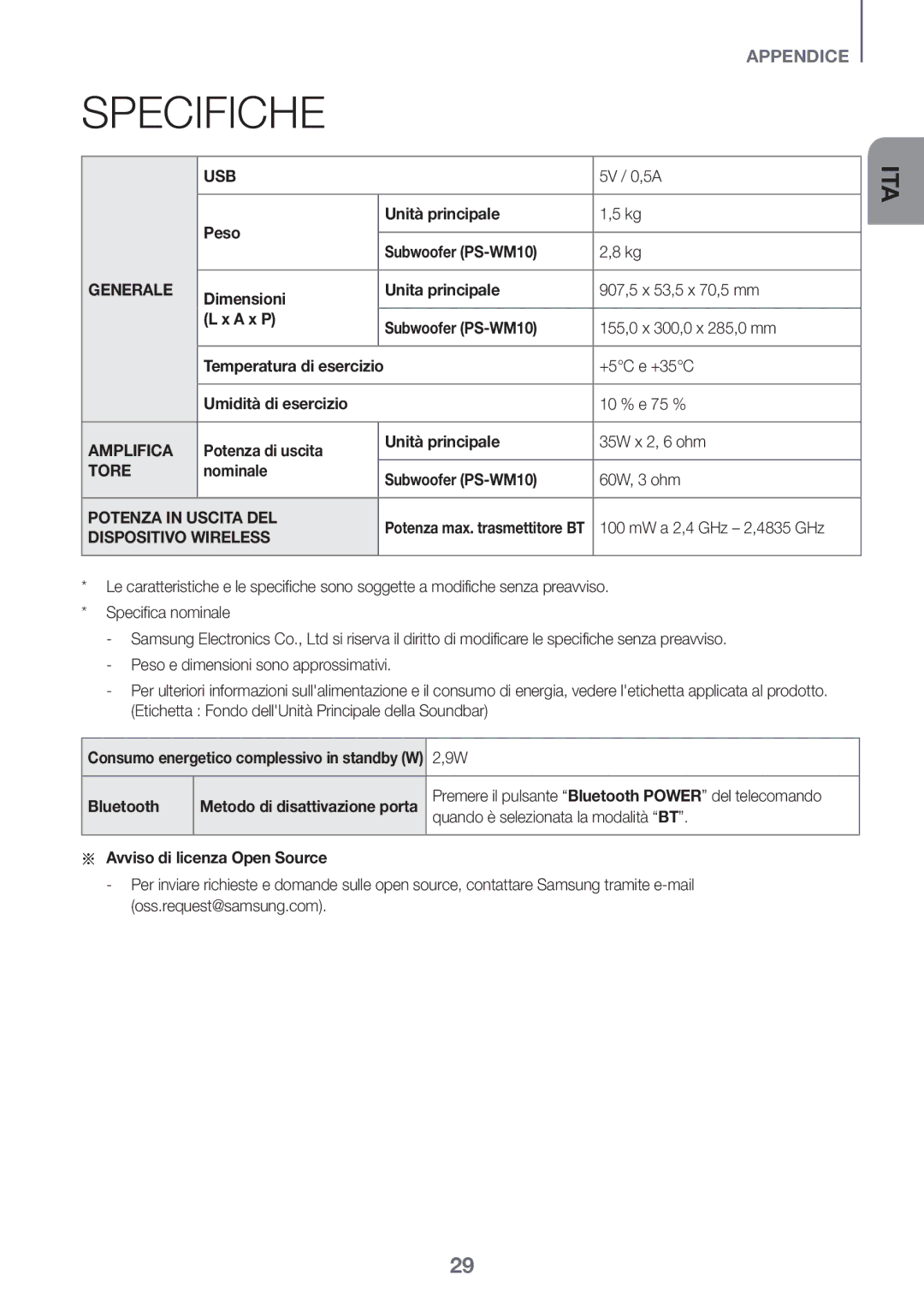 Samsung HW-K335/ZG manual Specifiche 