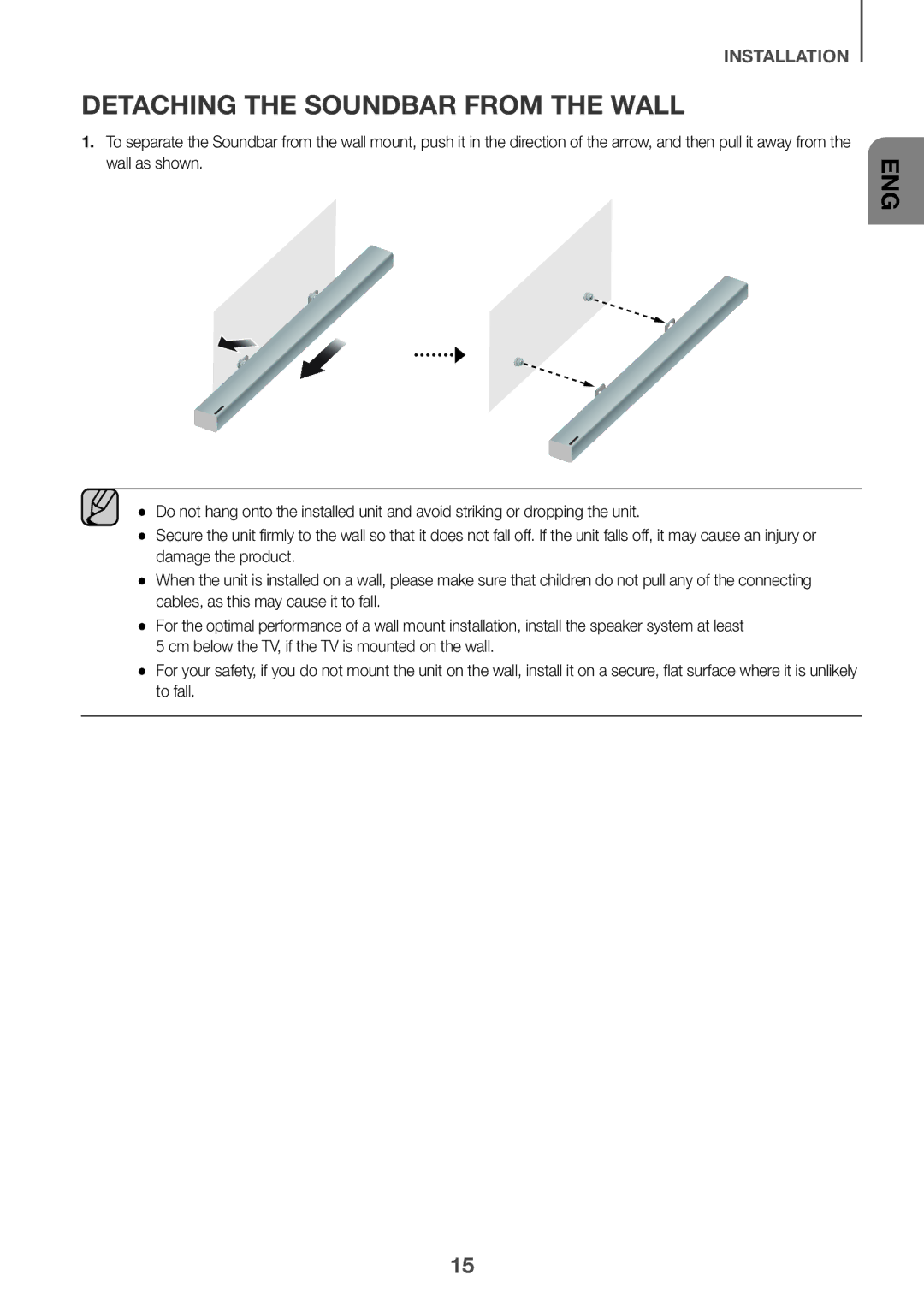 Samsung HW-K335/ZG manual Detaching the Soundbar from the Wall 