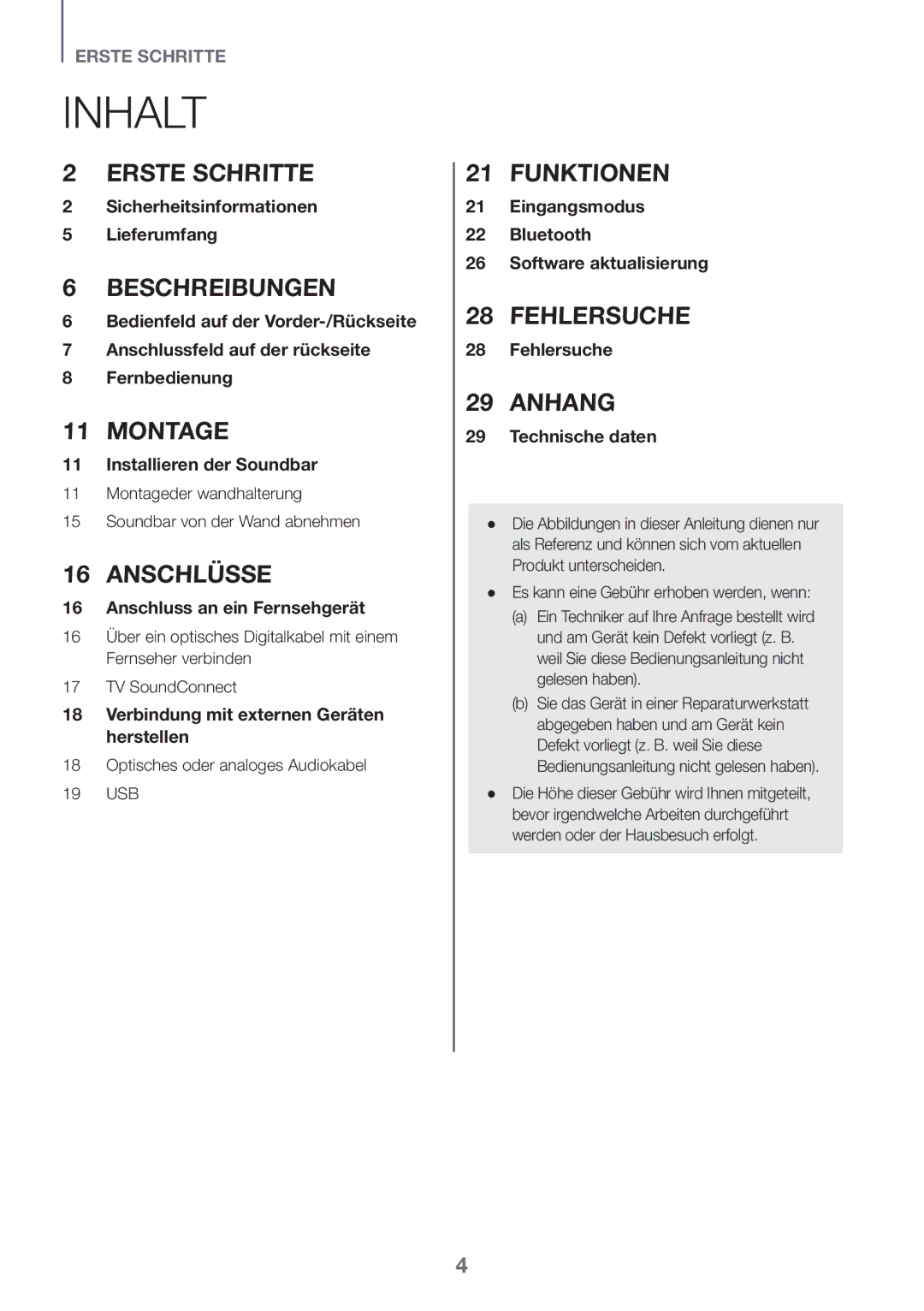 Samsung HW-K335/ZG manual Inhalt, Montageder wandhalterung Soundbar von der Wand abnehmen 