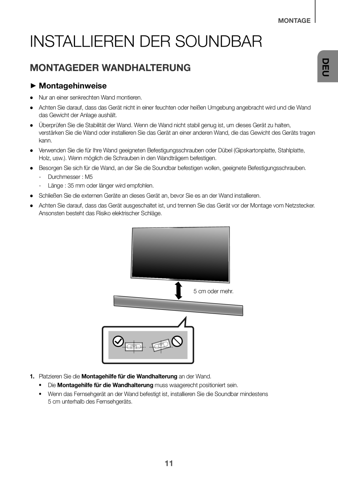 Samsung HW-K335/ZG manual Installieren DER Soundbar, Cm oder mehr 