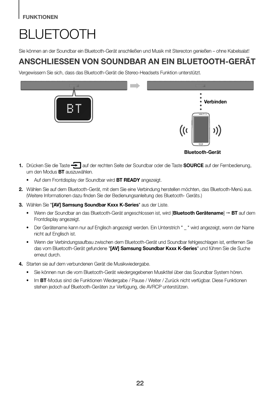 Samsung HW-K335/ZG Anschliessen VON Soundbar AN EIN BLUETOOTH-GERÄT, Verbinden Bluetooth-Gerät, Drücken Sie die Taste 