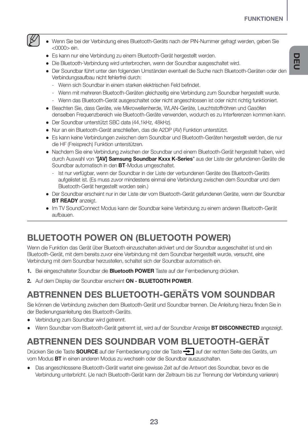 Samsung HW-K335/ZG manual Abtrennen DES BLUETOOTH-GERÄTS VOM Soundbar, Abtrennen DES Soundbar VOM BLUETOOTH-GERÄT 