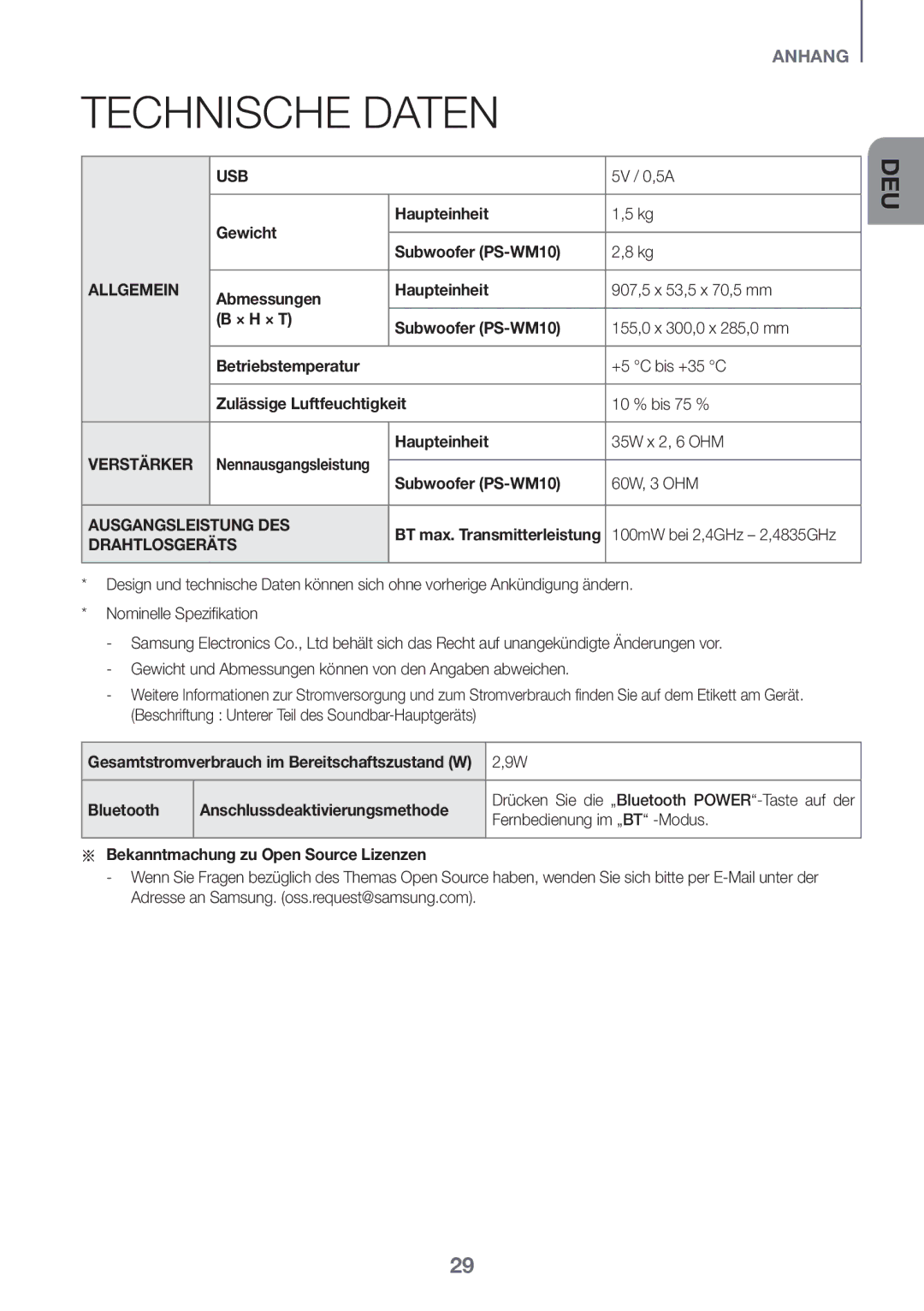 Samsung HW-K335/ZG manual Technische Daten 