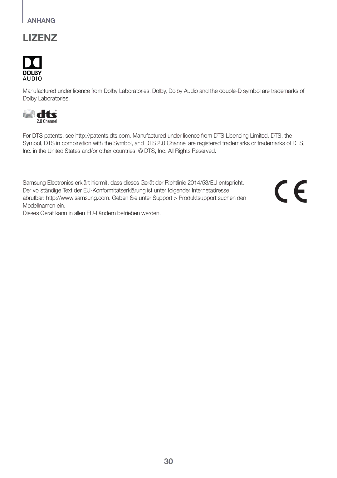 Samsung HW-K335/ZG manual Lizenz, Dieses Gerät kann in allen EU-Ländern betrieben werden 