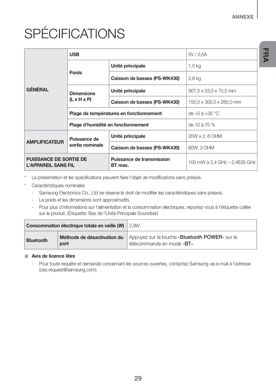 Samsung HW-K335/ZG manual Spécifications 