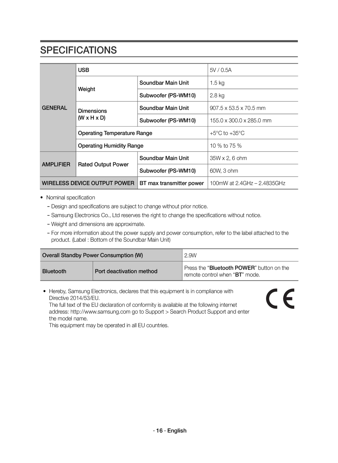 Samsung HW-K335/ZG manual Specifications, Usb, General, Amplifier, Wireless Device Output Power 