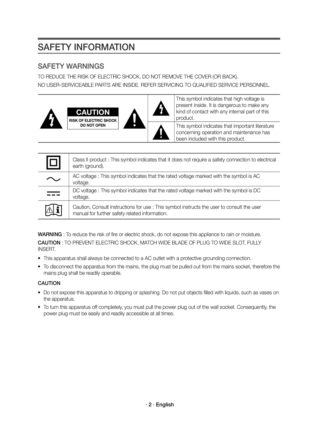 Samsung HW-K335/ZG manual Safety Information, Safety Warnings 