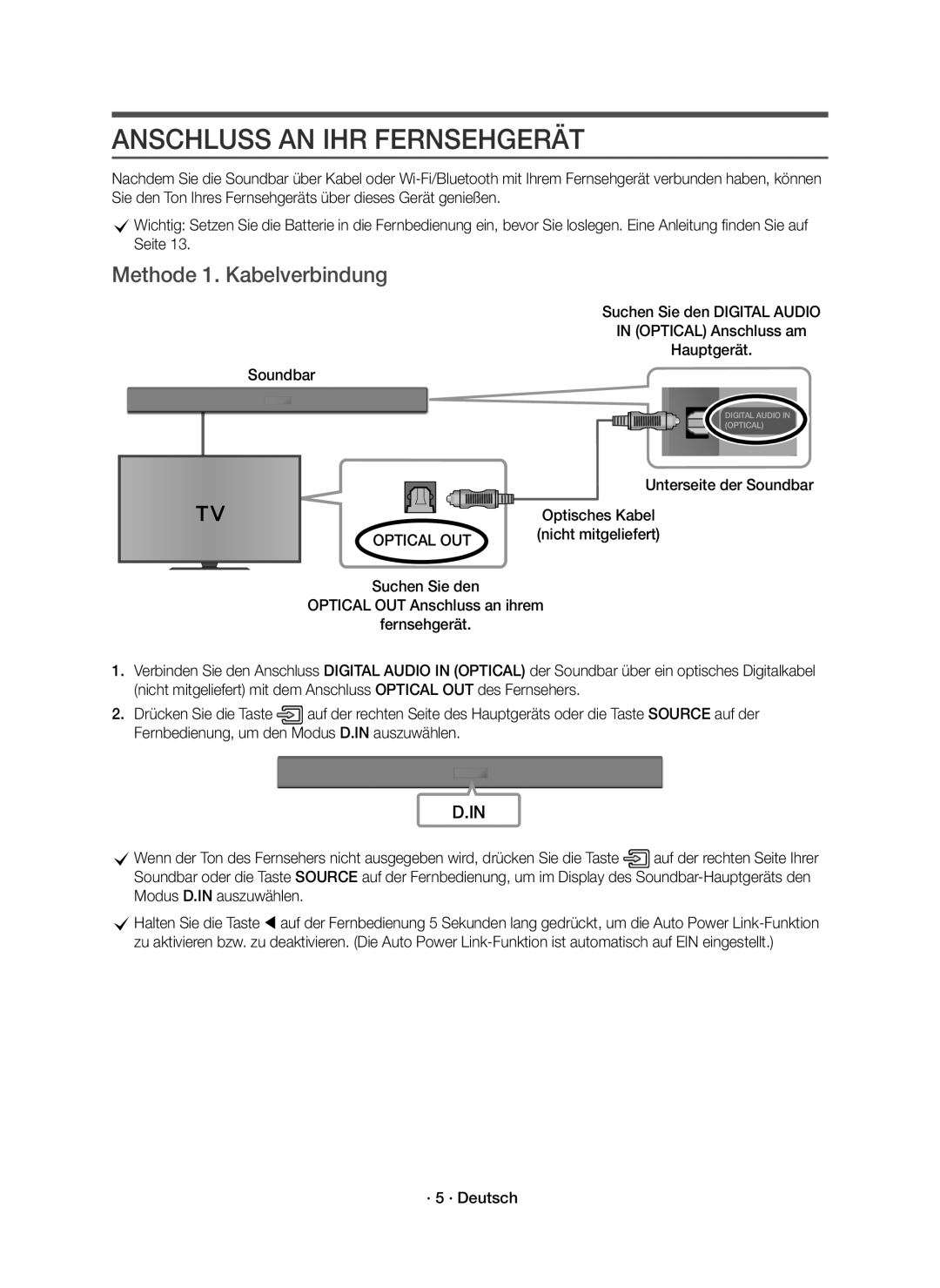 Samsung HW-K335/ZG manual Anschluss AN IHR Fernsehgerät, Methode 1. Kabelverbindung, Unterseite der Soundbar, · 5 · Deutsch 