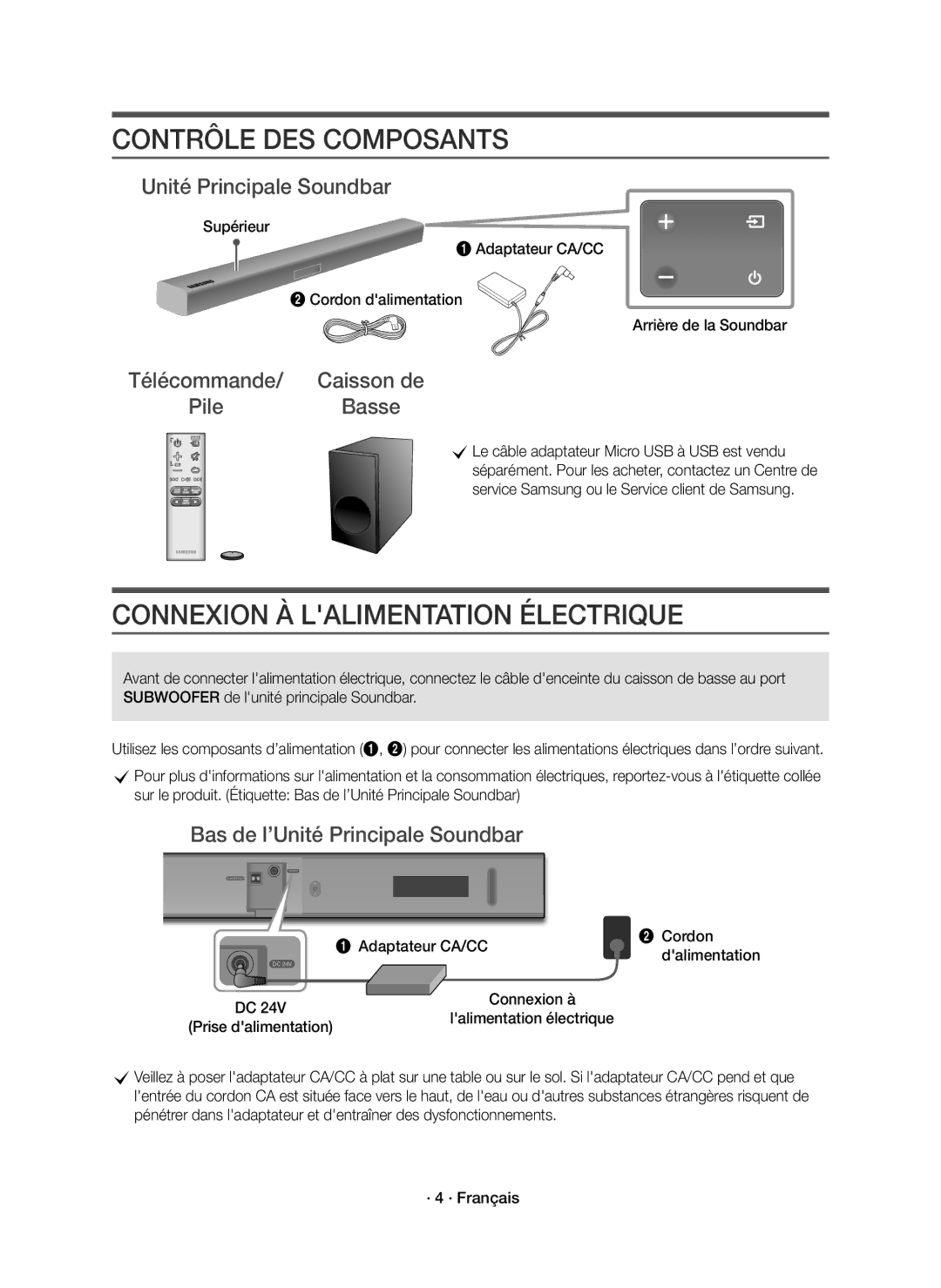 Samsung HW-K335/ZG manual Contrôle DES Composants, Connexion À Lalimentation Électrique, Unité Principale Soundbar, Pile 