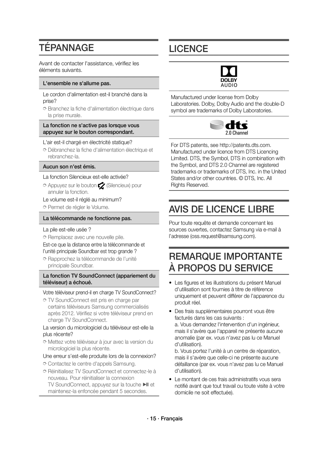 Samsung HW-K335/ZG manual Tépannage, Avis DE Licence Libre, Lair est-il chargé en électricité statique? 