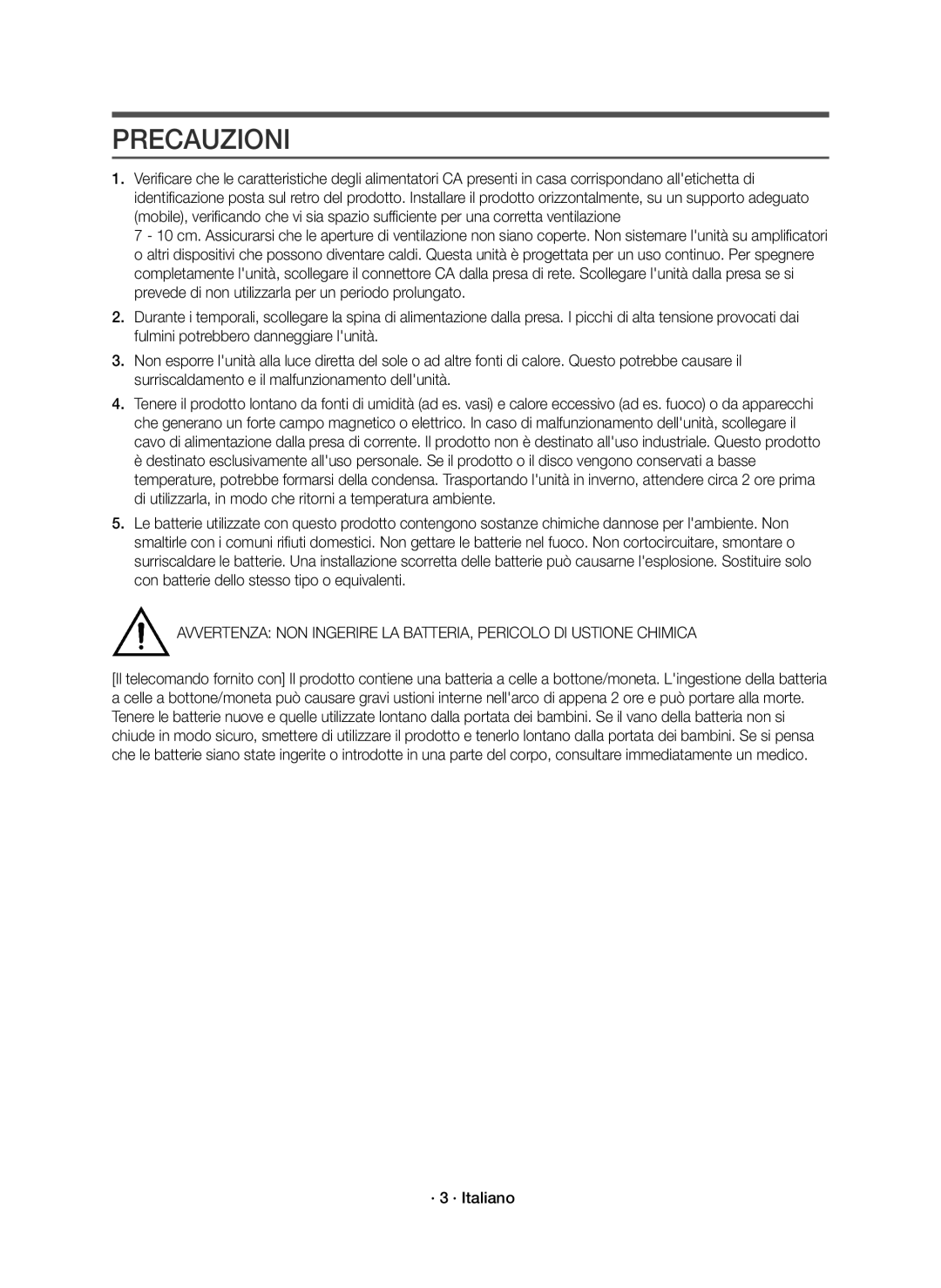 Samsung HW-K335/ZG manual Precauzioni, · 3 · Italiano 