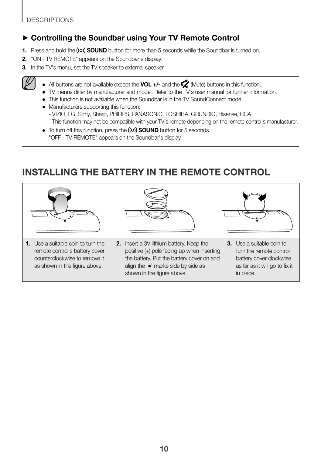 Samsung HW-K350/XV Installing the Battery in the Remote Control, ++Controlling the Soundbar using Your TV Remote Control 