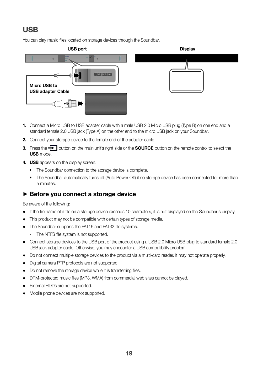 Samsung HW-K350/XV manual ++Before you connect a storage device, USB port, Micro USB to USB adapter Cable 