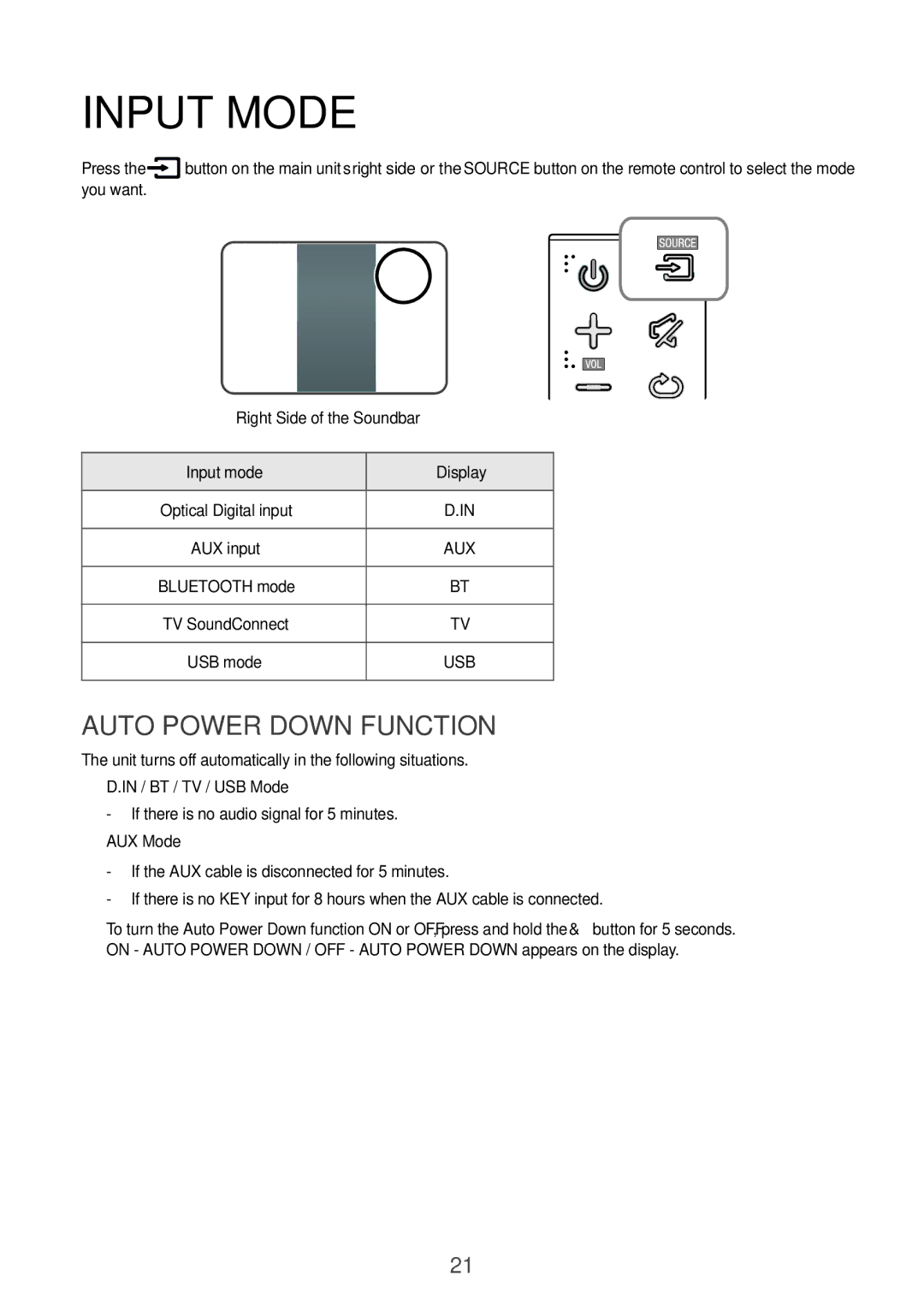 Samsung HW-K350/XV manual Input Mode, Auto Power Down Function, You want, Right Side of the Soundbar, Input mode Display 