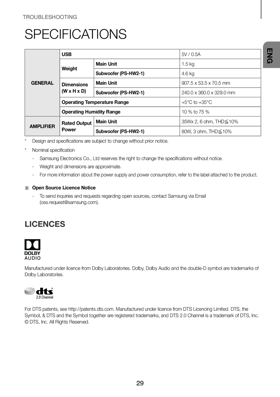 Samsung HW-K350/XV manual Specifications, Licences, 5V / 0.5A, Weight Main Unit, Aa Open Source Licence Notice 