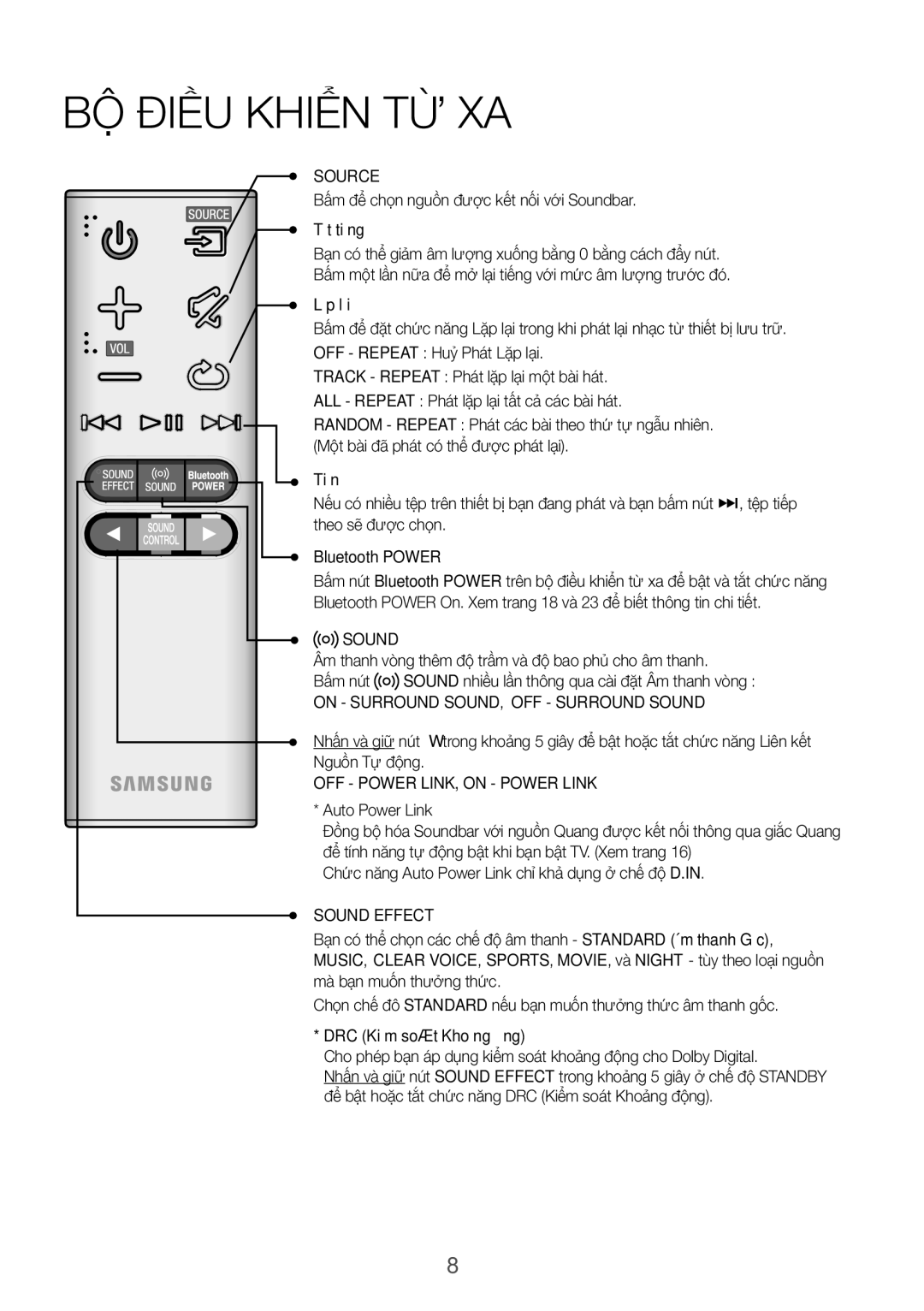 Samsung HW-K350/XV manual Bộ điều khiển từ xa, Tắt tiếng, Lặp lại, Tiến, DRC Kiể̉m soá́t Khoảng Độ̣ng 