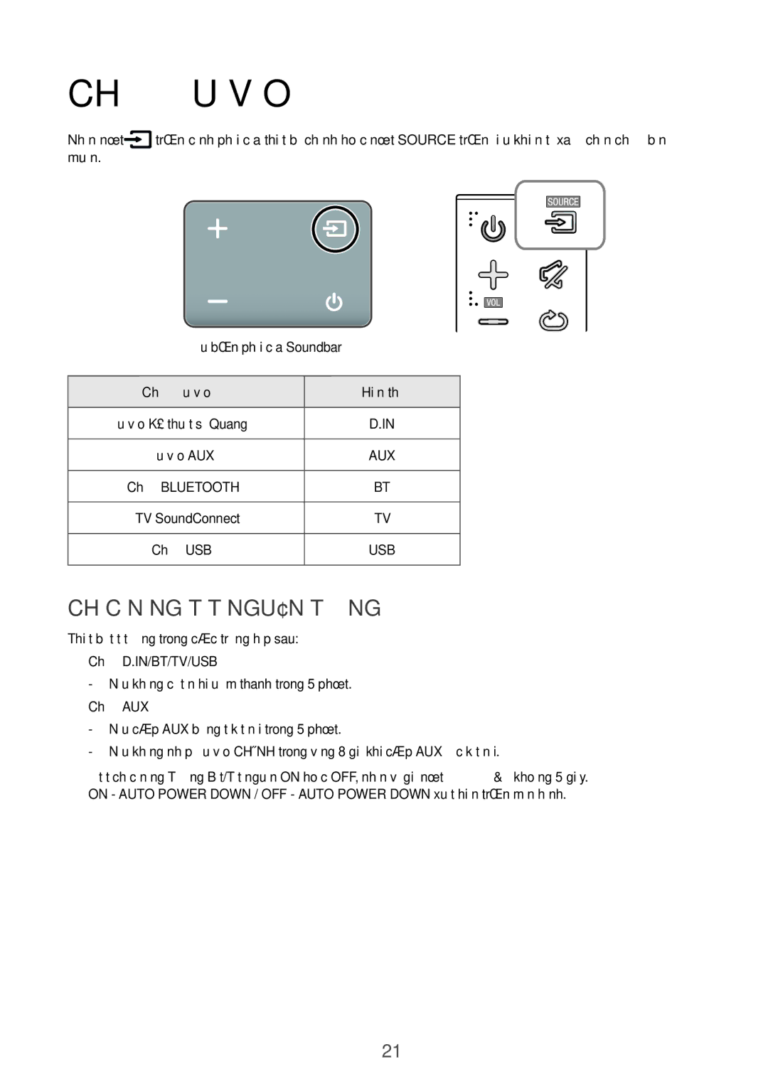 Samsung HW-K350/XV manual Chế́ độ̣ đầuU và̀o, ChứcC năng Tắ́t Nguồn Tự̣ độ̣ng 