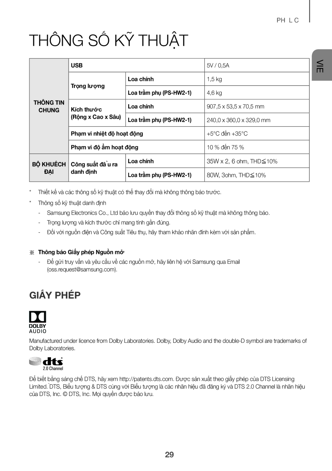 Samsung HW-K350/XV manual Thông số kỹ thuật, Giấy Phép 