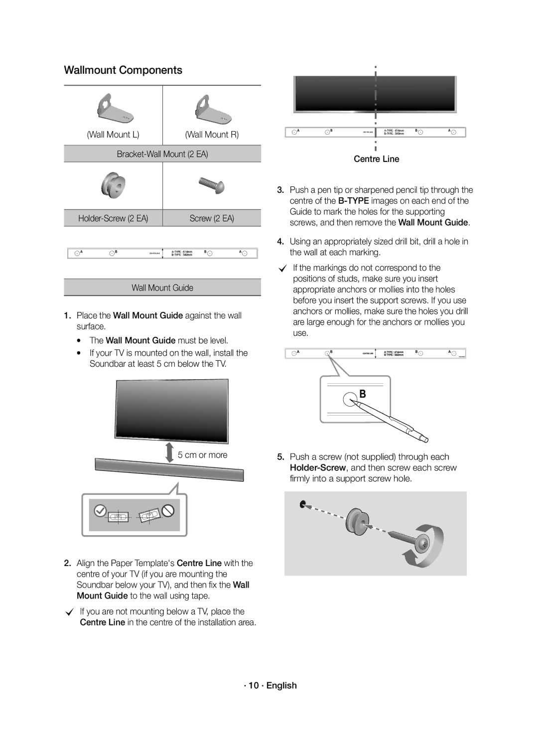 Samsung HW-K350/XV manual Wall Mount L, Bracket-Wall Mount 2 EA, Centre Line, · 10 · English 