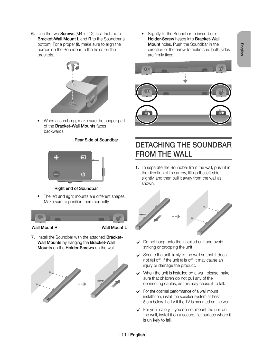 Samsung HW-K350/XV manual Wall Mount R Wall Mount L, · 11 · English 