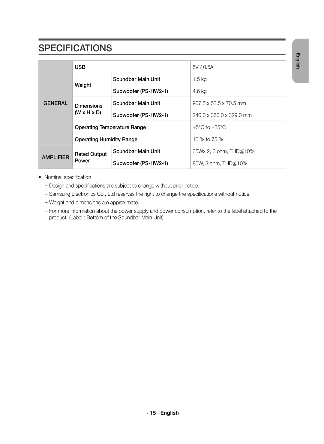 Samsung HW-K350/XV manual Specifications, Usb, Amplifier 