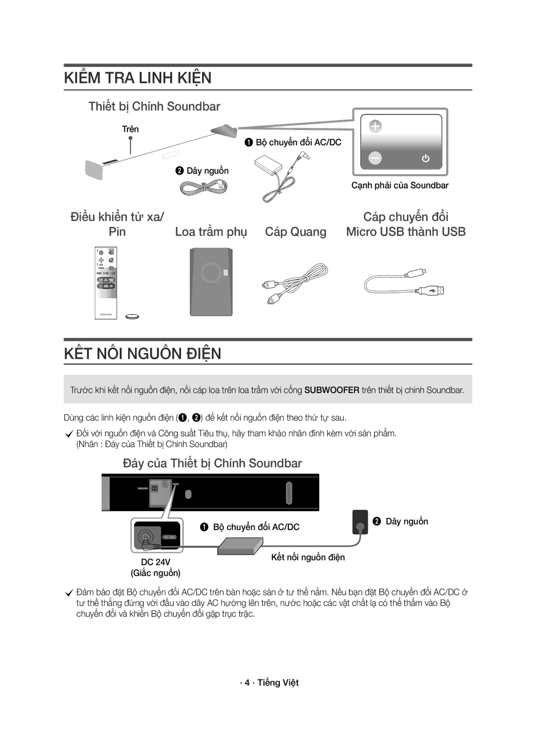 Samsung HW-K350/XV manual Kiểm TRA Linh Kiện, KẾT NỐI Nguồn Điện, Đáy của Thiết bị Chính Soundbar 