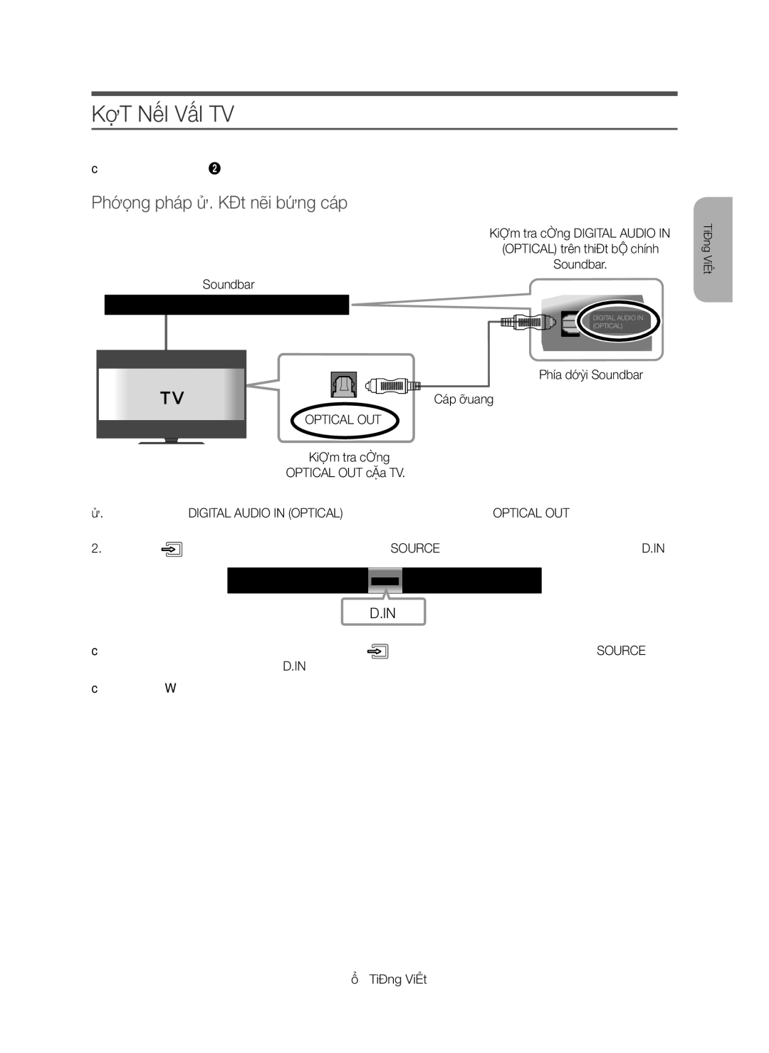 Samsung HW-K350/XV manual Kết Nối Với Tv, Phương pháp 1. Kết nối bằng cáp, Phía dưới Soundbar Cáp Quang, · 5 · Tiếng Việt 