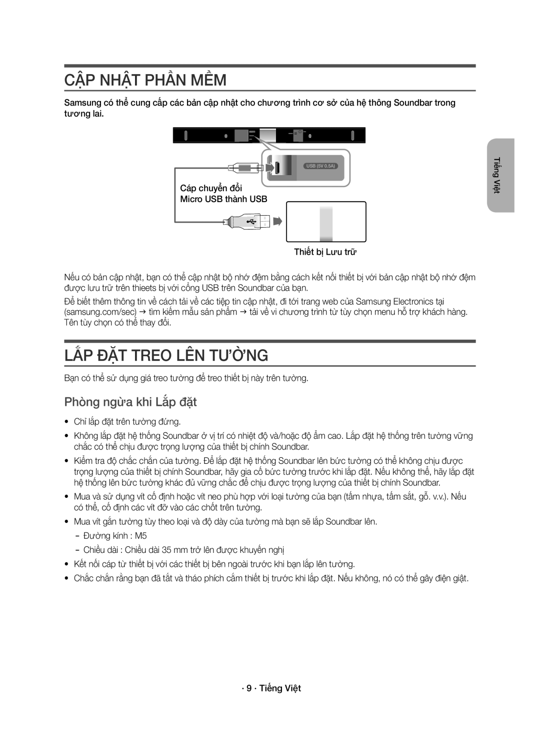 Samsung HW-K350/XV manual CẬP Nhật Phần MỀM, LẮP ĐẶT Treo LÊN Tường, Phòng ngừa khi Lắp đặt, · 9 · Tiếng Việt 